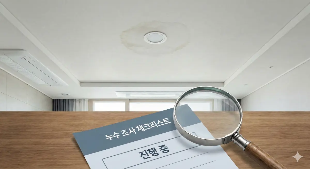 아파트 천장 누수 지점과 이를 조사하는 돋보기를 형상화한 책임 소재 분석 이미지