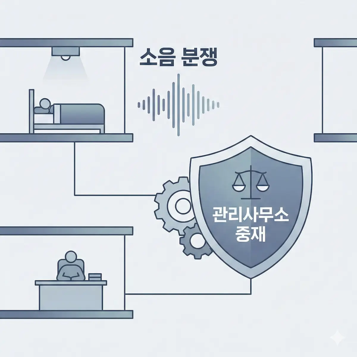 아파트 층간소음 발생 상황과 이를 중재하는 관리사무소의 역할을 상징하는 일러스트