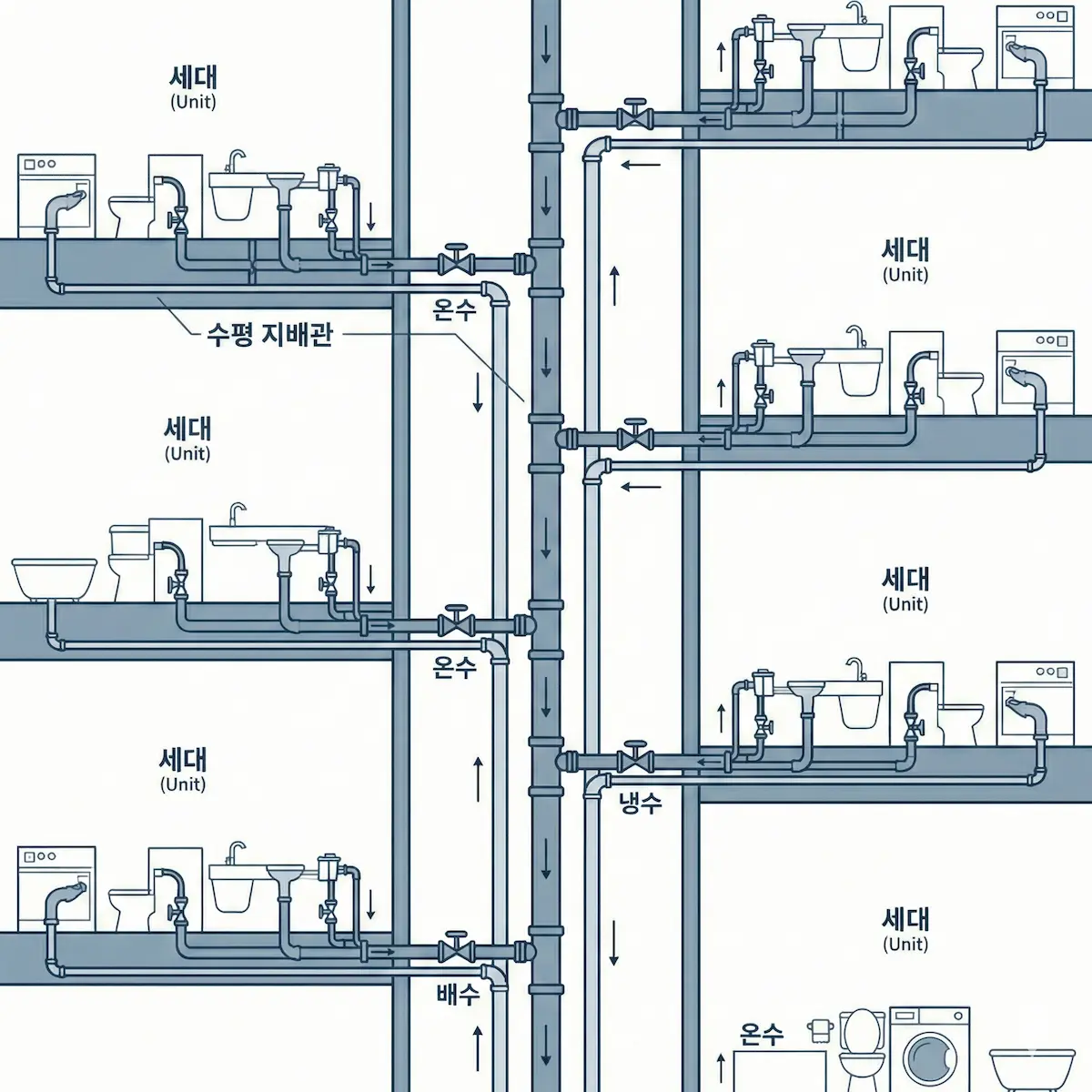 아파트 내부의 수직 공용 배관과 수평 전용 배관의 연결 구조를 보여주는 기술적 다이어그램