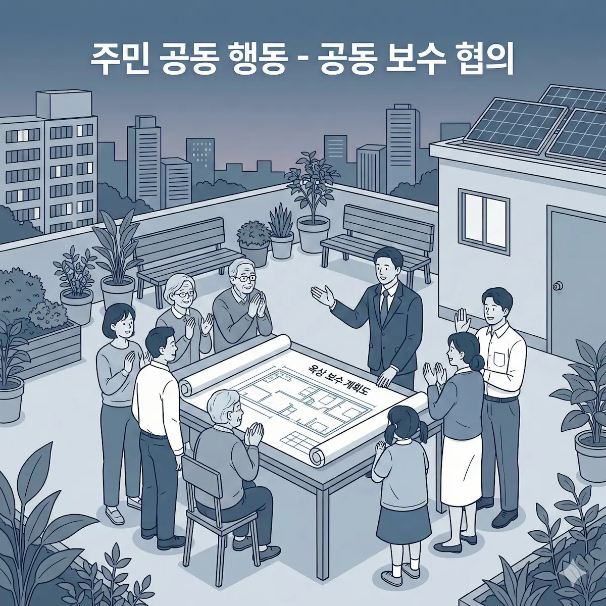 아파트 옥상과 주차장 도면을 검토하며 공용 시설 보수를 논의하는 입주민과 관리자의 모습