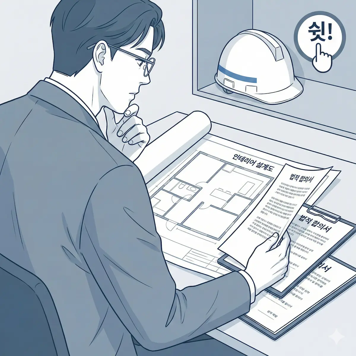 인테리어 도면과 합의서를 검토하며 공사 분쟁을 예방하는 과정을 묘사한 일러스트