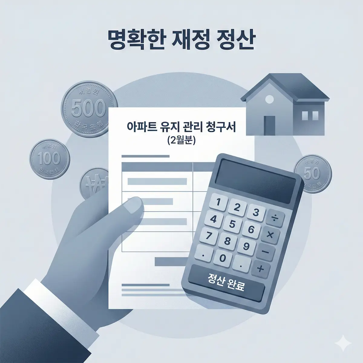 아파트 관리비 고지서와 계산기를 활용해 정산 항목을 확인하는 일러스트