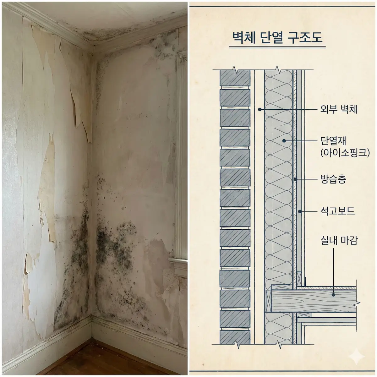 아파트 벽면 곰팡이 발생 사례와 건물의 단열 구조를 비교 분석한 시각 자료