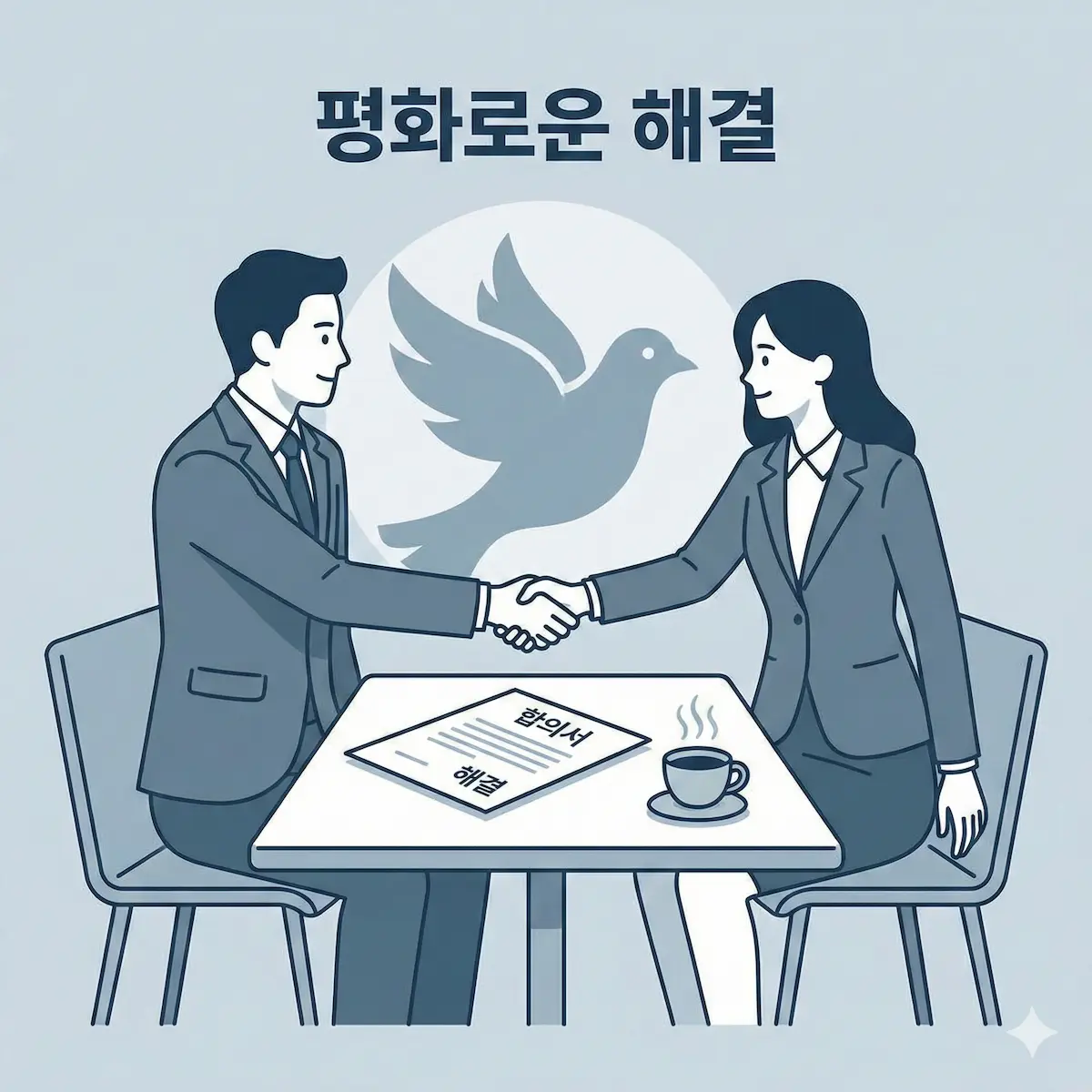 차분한 분위기에서 서류를 바탕으로 악수하며 갈등을 해결하는 모습의 일러스트