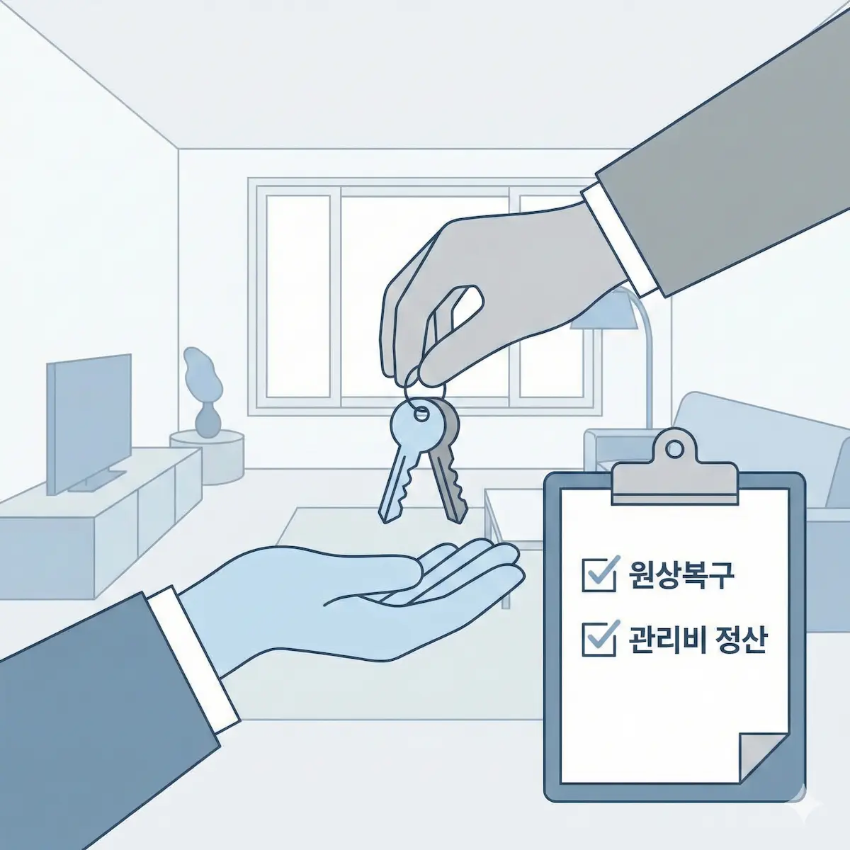 깨끗한 실내를 배경으로 열쇠 반납과 퇴거 정산 체크리스트를 보여주는 일러스트